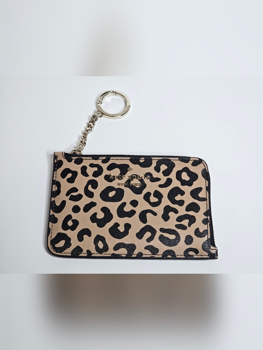 Kate Spade Darcy Leopard Print Medium L-Zip Cardholder Keychain Ring Wallet New